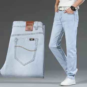 Elastic Light Blue Men's Jeans Straight Stretch Male Cowboy Pants Summer 2024 Trend Soft Trousers Autumn Clothing Washed Stacked 1