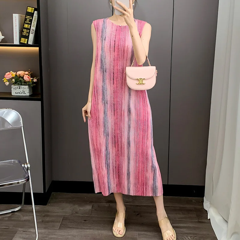 LANMREM Blue Pleated Striped Print Tank Dress Summer 2025 New Elastic Slimming Temperament Straight Dresses Chic Clothes 2DB3972 - Image 3