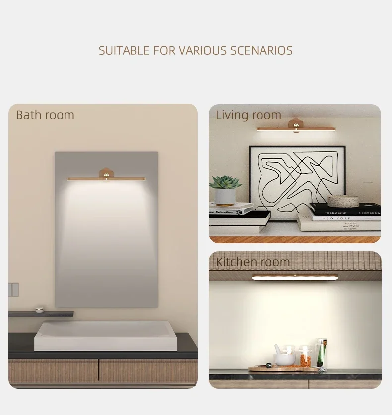 Description Picture 4 of itemLED Mirror Front Lamp Magnet Adsorption Mirror Screen Vanity Lamp Rotation Wood Color Night Light for Bedroom Makeup