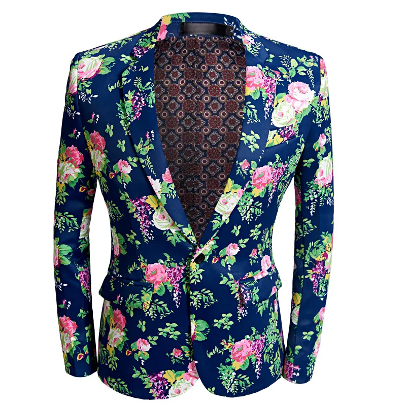 2023 New Printed Men Suits Blue Single Button Fashion Singer Stage Host Slim Fit Jacket Pants Prom Chic Male Blazer 2 Pieces Set