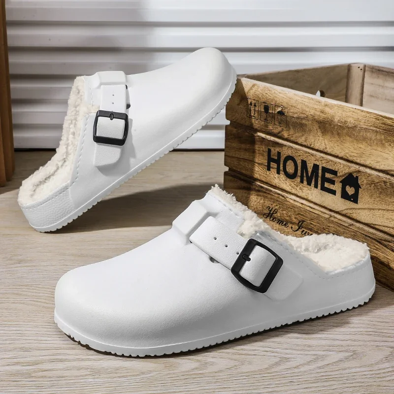 Men's Slippers EVA Winter Plush Warm Waterproof Oil-proof Chef Shoes Non-slip Kitchen Work Shoes Couple Home Soft Sole