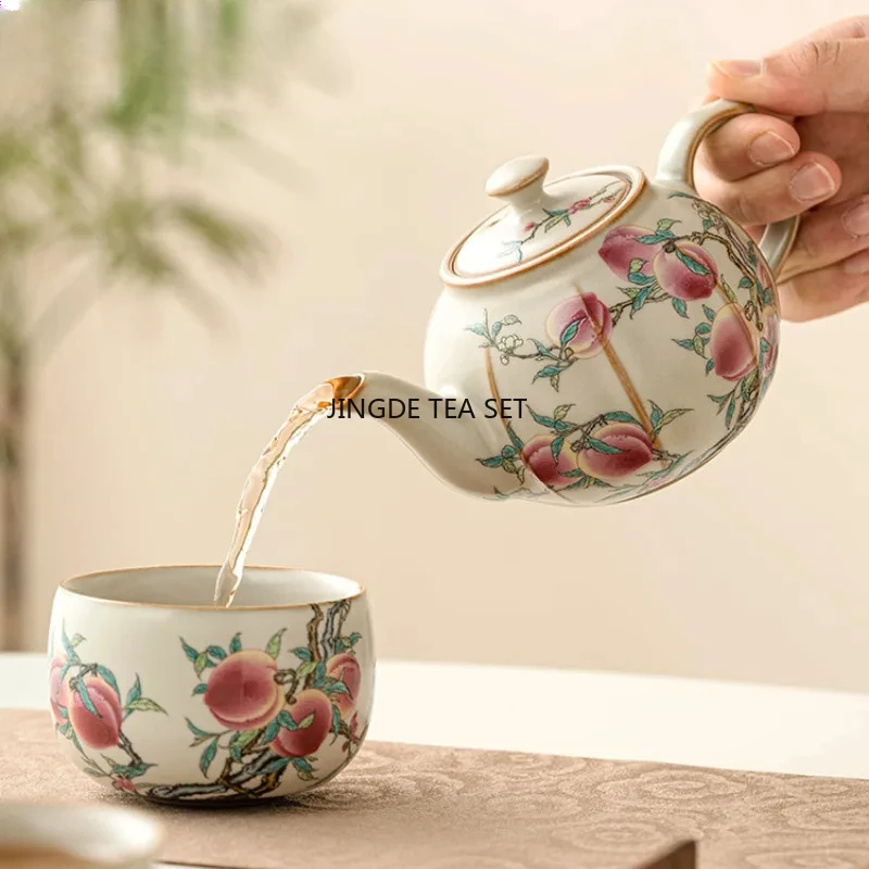 220ml high-end Ruyao teapot Japanese pink Longevity Peaches peach tea set 1 pot 2 cups tea ceremony set