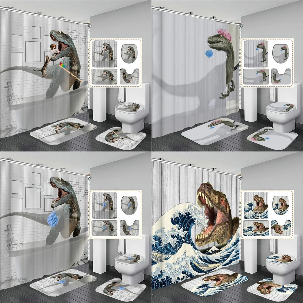 

3D Funny Bathing Dinosaur Cat Dog Animal Waterproof Bathroom Curtain Shower Curtains Set Anti-skid Rug Toilet Lid Cover Bath Mat