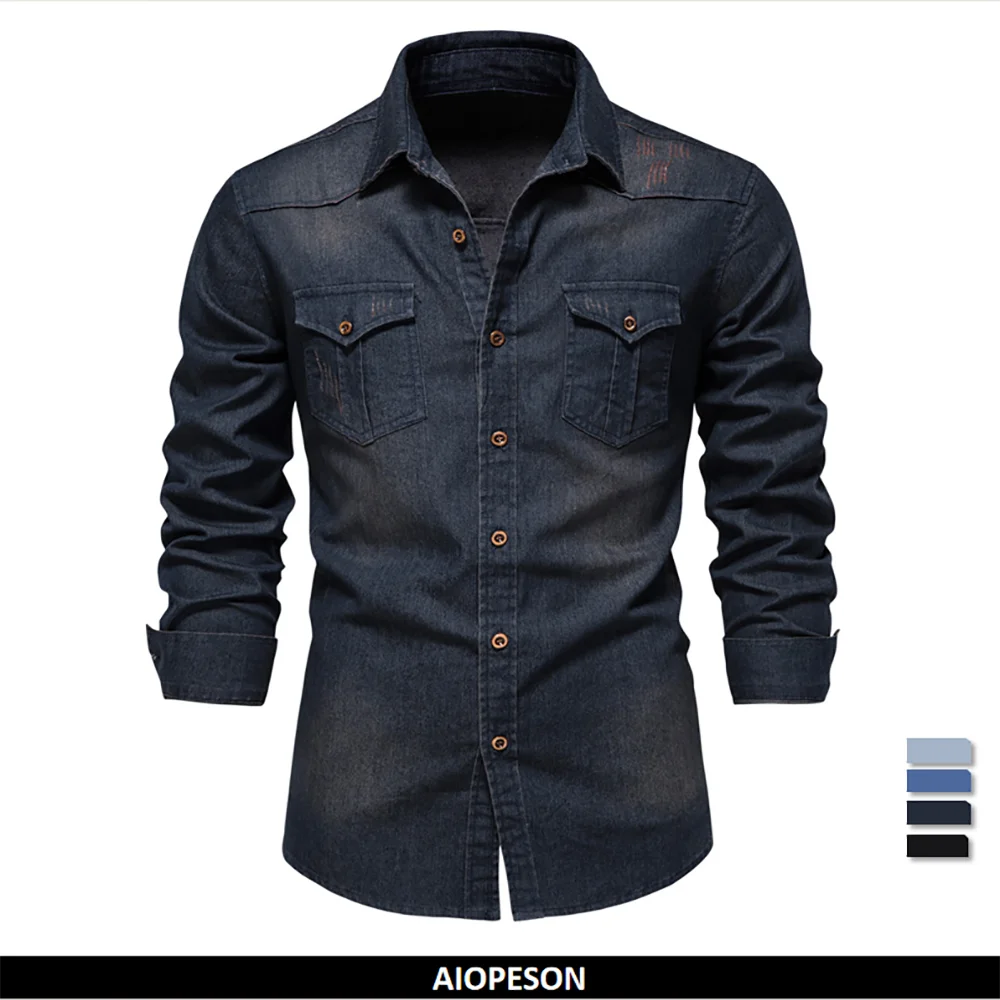 Denim Shirt Long Sleeved Shirt AIOPESON Elastic Cotton Denim Shirt Men Long Sleeve Cowboy Shirts for Men Casual Slim Fit Jeans Shirts