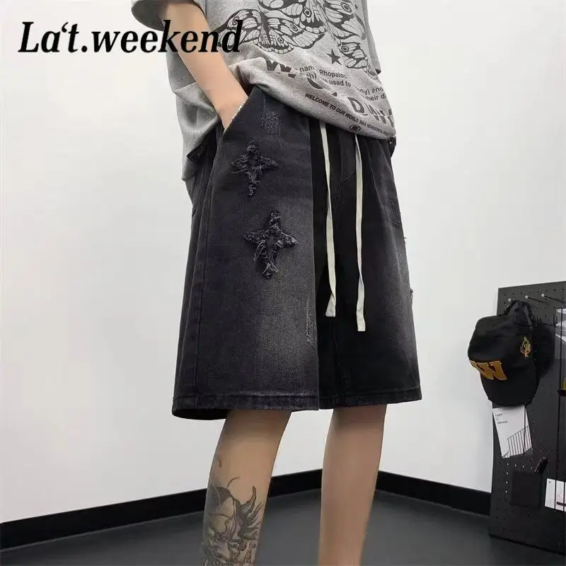 High Street Denim Shorts Male Star Fur Drawstring Design Loose Five-point Mid-sized Pants