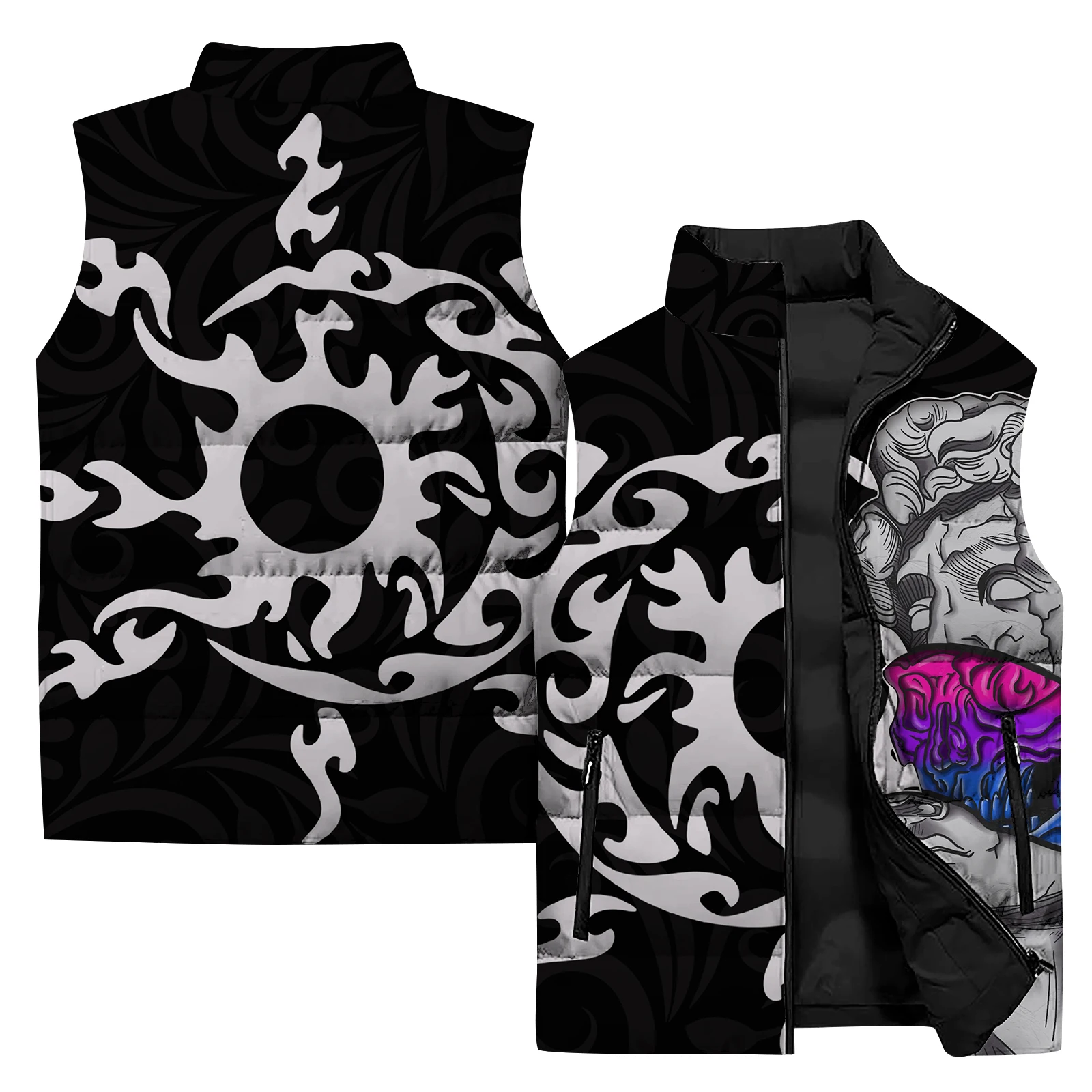 Chalecos de invierno para hombre, chaleco con cremallera y cuello alto, chaquetas para hombre, chaleco con estampado de estatuas, ropa para hombre 2024, abrigos sin mangas resistentes al viento y al f