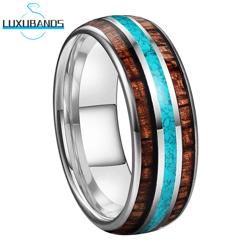 

Tungsten Carbide Ring For Men Wemen 8mm Grooved Turquoise Wood Inlay Rose Gold Black Dome Engagement Polished Finish Comfort Fit