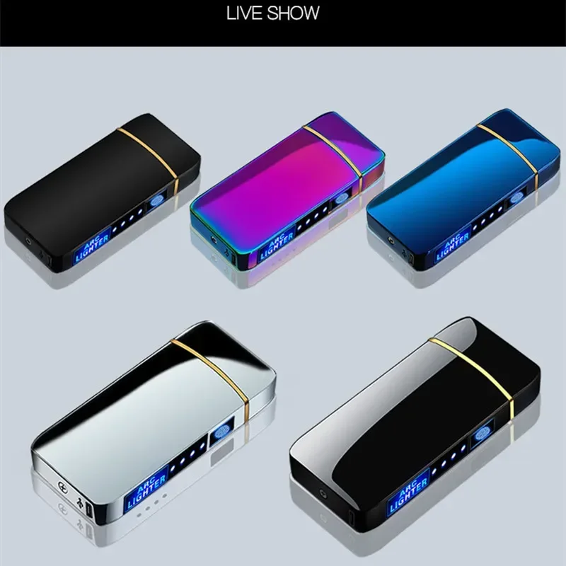 Plasma Lighter Smart Windproof Electric Metal Flameless Double Arc Usb Rechargeable Led Power Display Touch