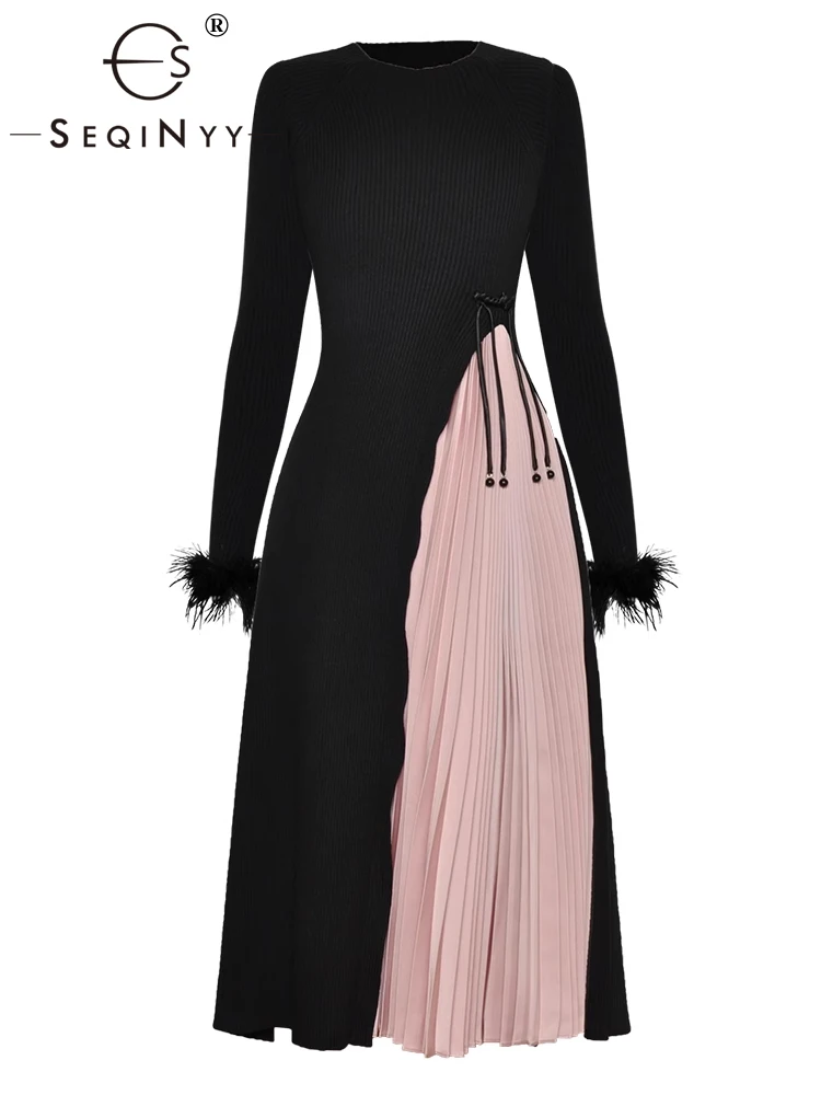 

SEQINYY Black Elegant Dress Spring Autumn New Fashion Design Women Runway Feather Knitting Spliced Pink Pleated Casual Slim