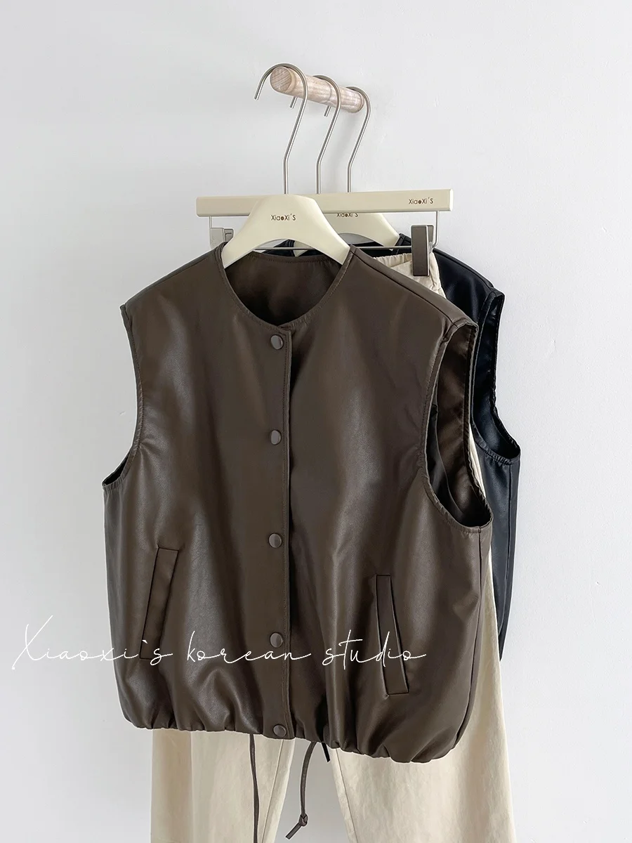 Xiaoxijia | 쌓인 아이템 ~ 가을과 겨울 PU 가죽 조끼 여성 의류 한국 스타일 둥근 목 조끼 느슨한 캐주얼 조끼 조끼리 