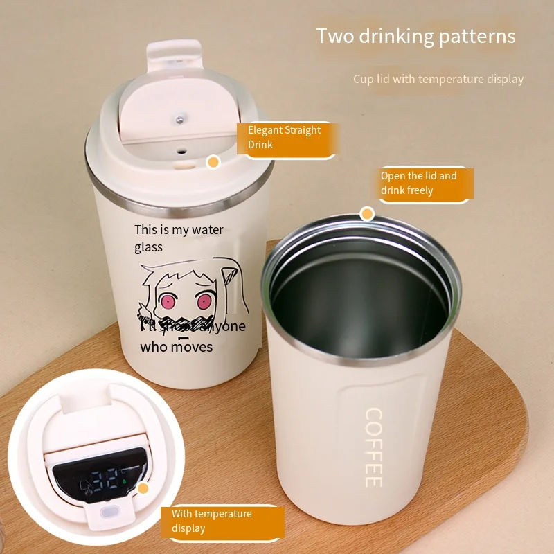 

400Ml Large Capacity Kawaii Hatsune Miku Cartoon Coffee Thermos Cup Leak Proof Anti-Slip Temperature Display 316 Stainless Steel