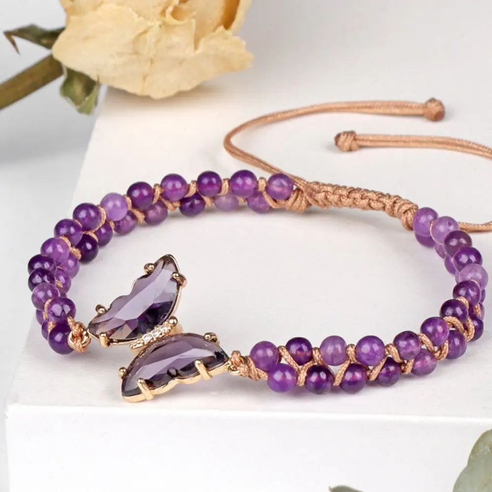 

Glass Healing Crystal Butterfly Bracelet Gift Natural Adjustable Bead Chain Woven Rope Bracelet