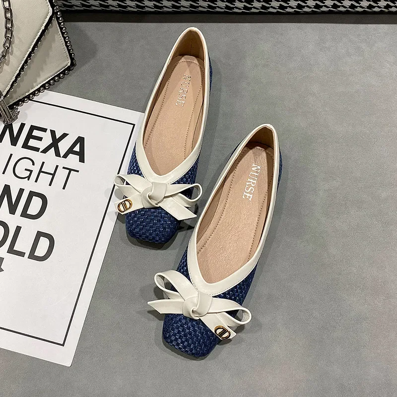 Women's Shoes Spring and Summer 2025 New Fashion Woven Bow Square Toe Flat Shoes Soft Soles Large Casual Ballet Shoes 3