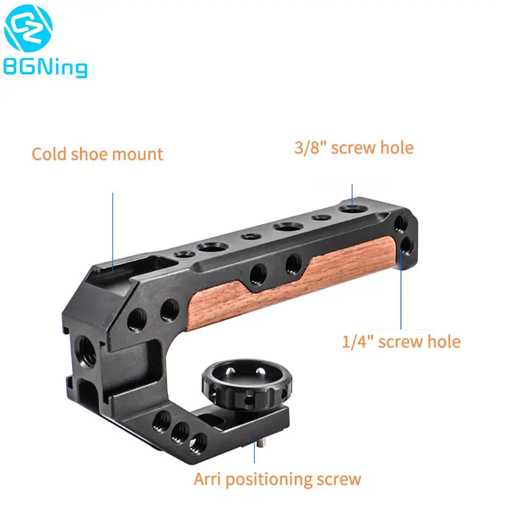 Universal Camera Cage Top Handle Wooden Handgrip with Cold Shoe Mounts Arri Locating Screw Compatible for DSLR Camera Cages