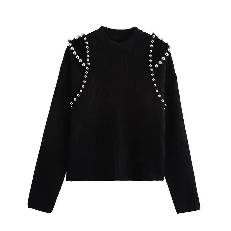 Fashion Women's Beading Sweater Pullover Elegant Knitted Black Long Sleeve O-neck Jumper 2025 New Spring Lady Casual Outwears