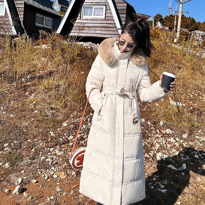

2022 X Long Winter Coat Women Hooded Fashion Belt Parkas Thick Warm Padded Clothing Female Slim waist Jackets