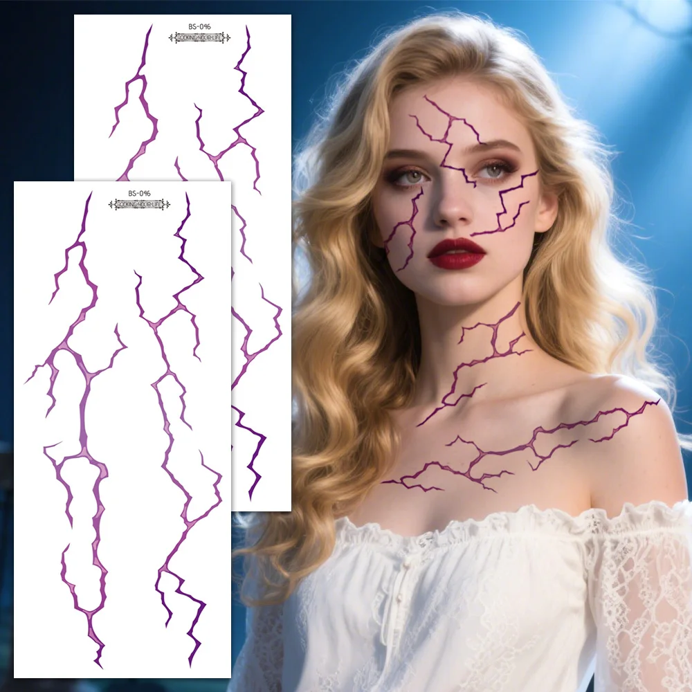 Large Fake Tattoo Stickers 2PCS Detailed Black and Red Lightning Vein Design for Halloween Party Face & Body Art Supplies