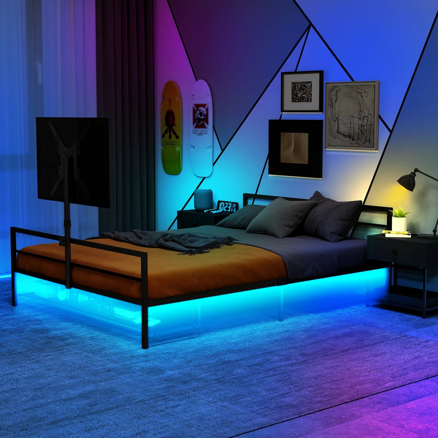 Polsterbett 90 x 200 cm, schwarzes Gaming-Bett mit LED-Beleuchtung und Aufbewahrungskorb unter dem Bett, verstellbare Halterung, Metallbettrahmen – Detail 8