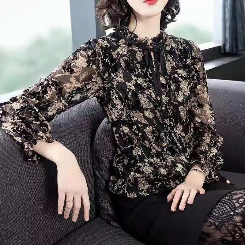 Big Size 5XL Women Vintage Chiffon Blouse Spring Autumn New Solid Printing Female Pullover Loose Y2K Lantern Sleeve Floral Shirt