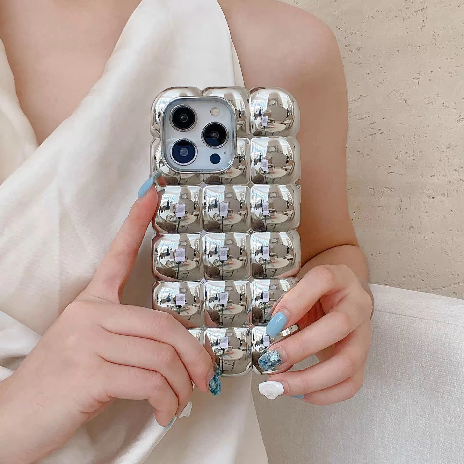 Luxury Stylish 3D Grid Plating Silver Case - Creative Cartoon Shockproof Matte Cover