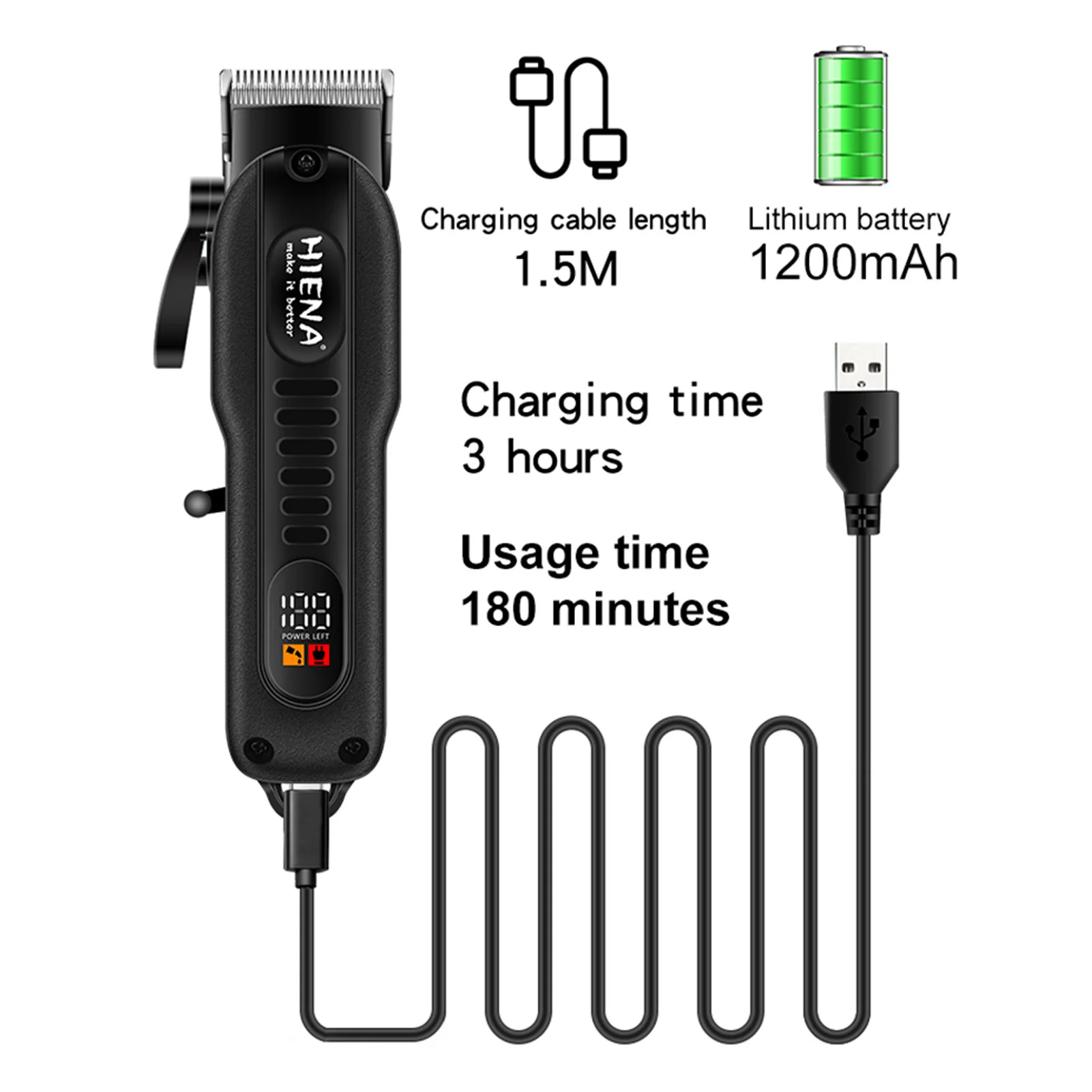 HIENA Hair Clippers 1200mah Powerful Battery Electric hair Trimmer Professional barber hair cutting machine Cordless clippers 3