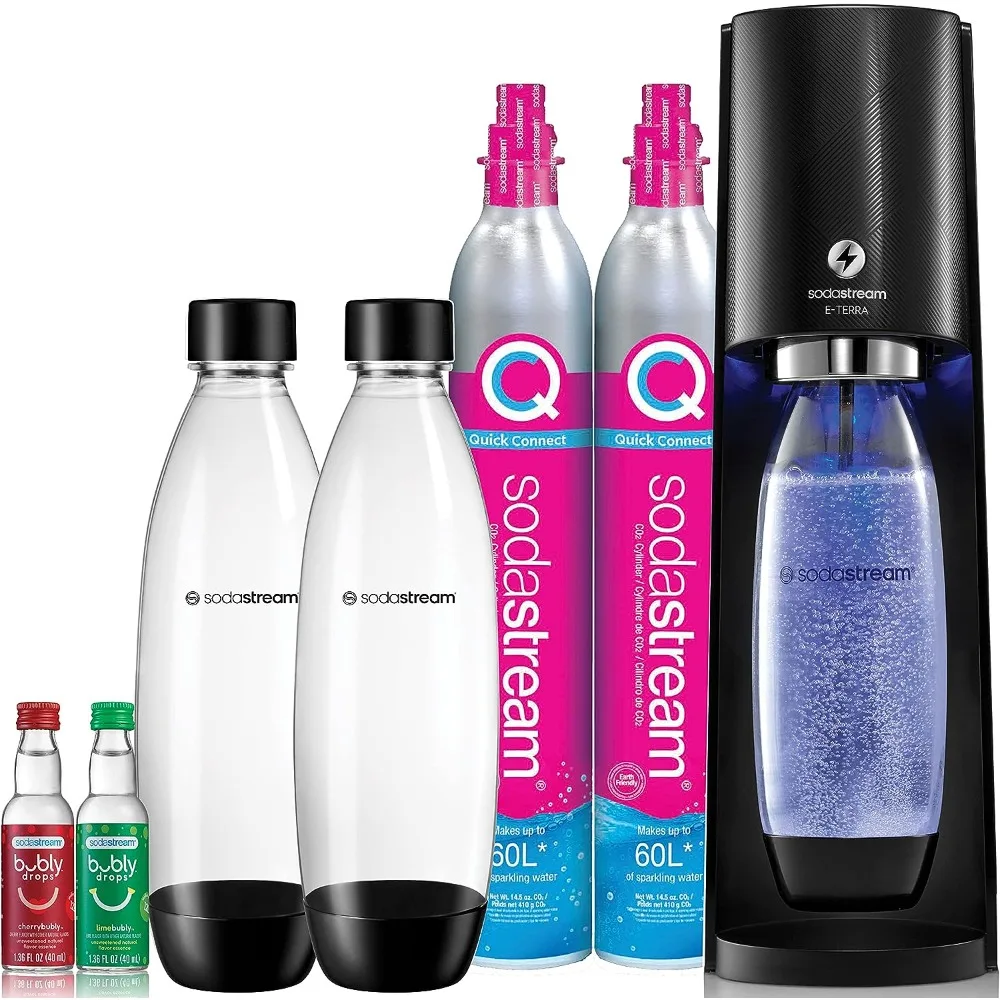 

SodaStream E-TERRA Sparkling Water Maker Bundle (Black), with CO2, Carbonating Bottles, and bubly Drops Flavors