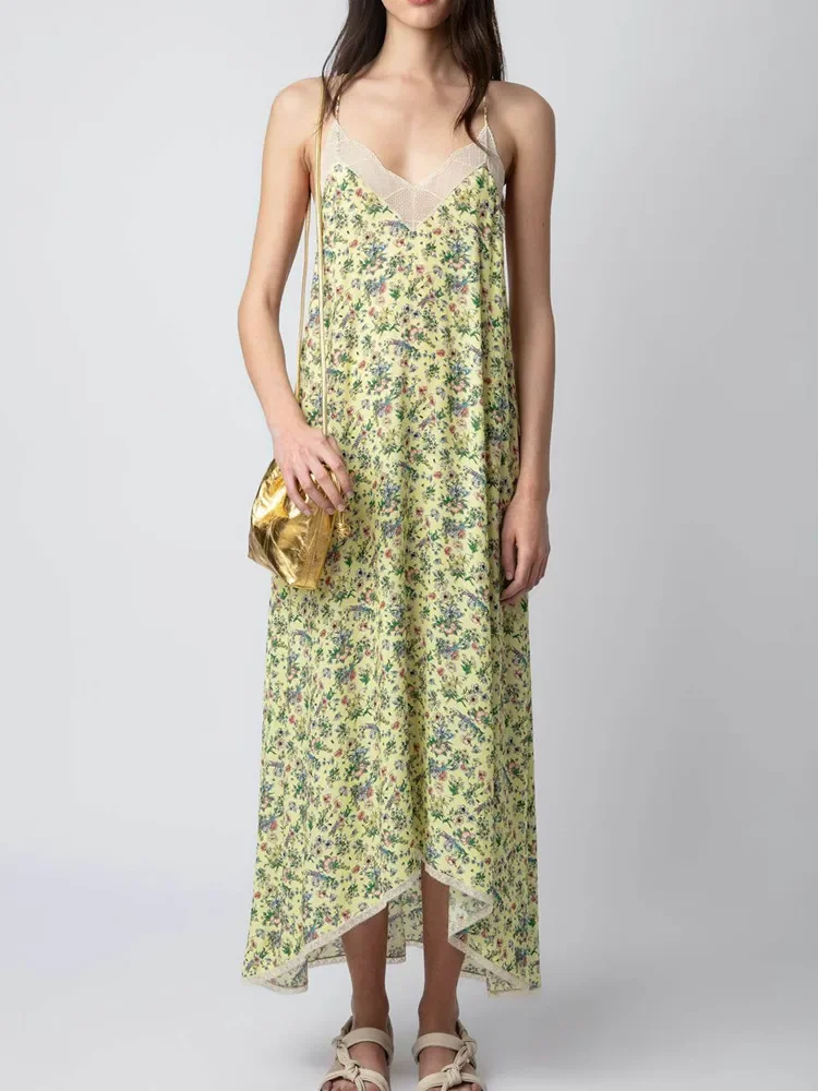 

Women Floral Printed Sling Dress Lace Stitching V-Neck Sleeveless Irregular Hem Elegant Summer 2024 New Midi Robe