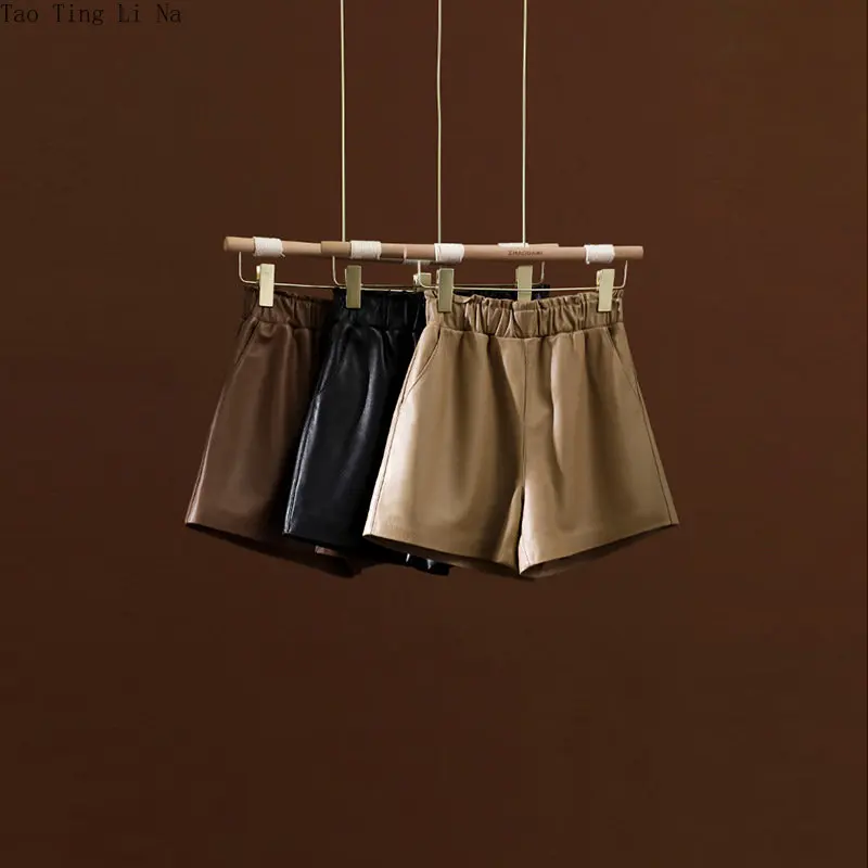 2023 New High Waist Casual Genuine Sheepskin Leather Shorts Loose Wide Leg Comfortable Real Leather Shorts W26