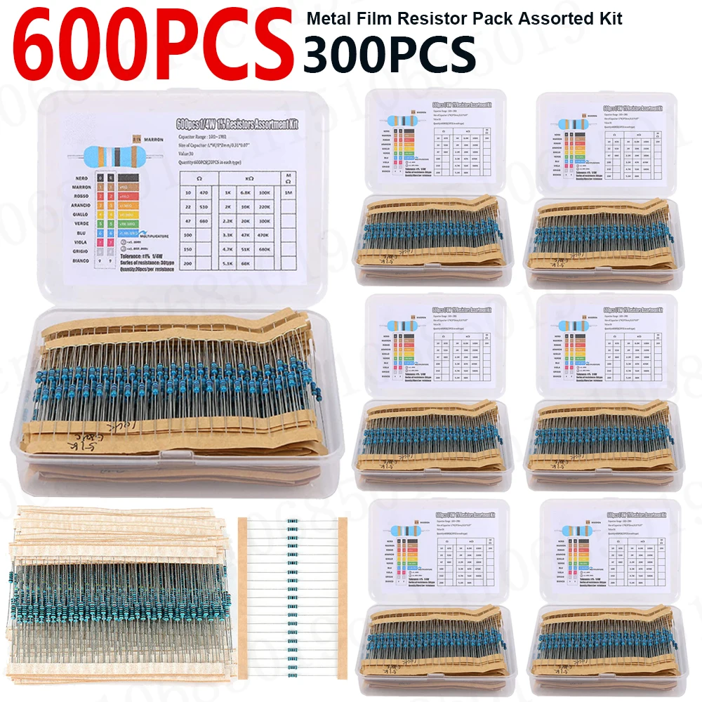 Metal Film Resistors 300/600pcs Assorted Kit 30 Kinds 10R-1M Resistance 1% 1/4W