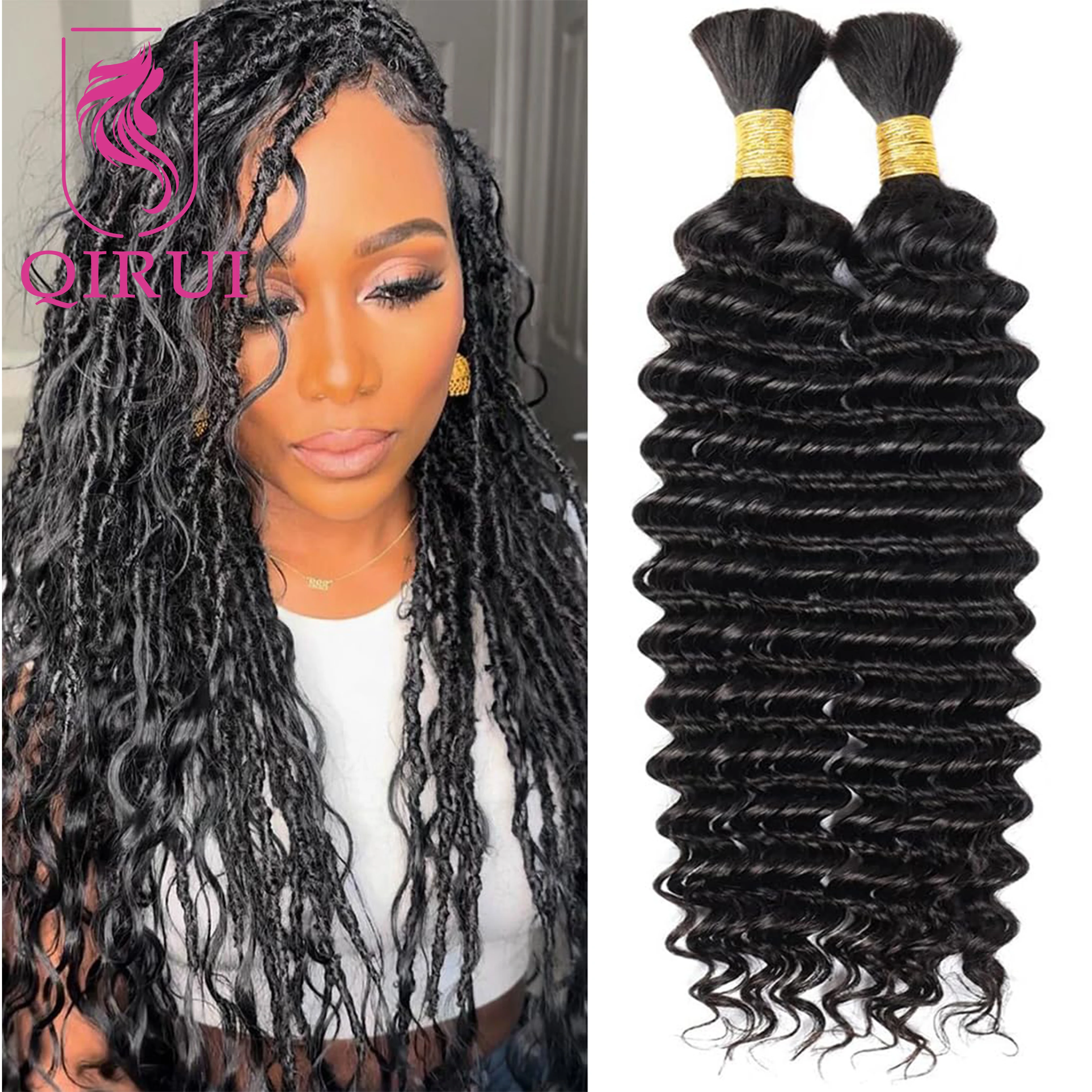 

Deep Wave Bulk Human Hair For Braiding No Weft Unprocessed Brazilian Human Hair Bulk Extensions 100g/PCS For Boho Braids