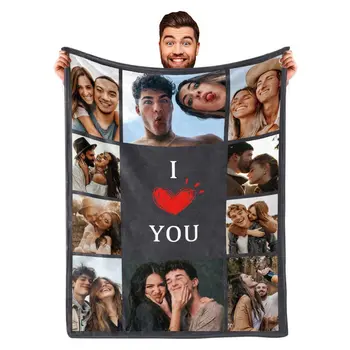 I Love You 단어 콜라주 맞춤형 그림 담요, 생일 기념품 선물, 맞춤형 던지기 담요