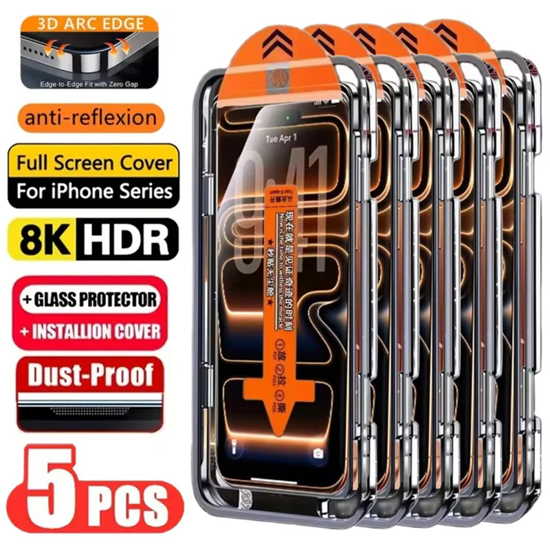 2026 5 Pezzi Pellicola Protettiva HD Facile da Installare per iPhone 17 16 13 Pro Max 11 15 14 16e 12 Mini XR X Xs 7 8 Plus Air in Vetro Temperato