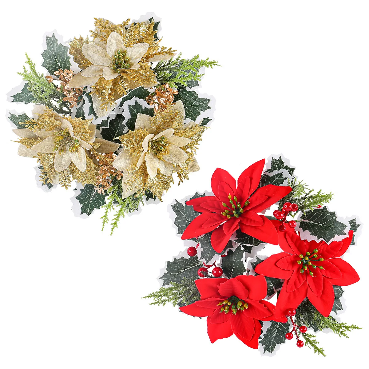 Christmas Candlestick Wreath Artificial Red Gold Poinsettia Flowers Garland Candle Ring Christmas Party Table Decor Navidad Noel