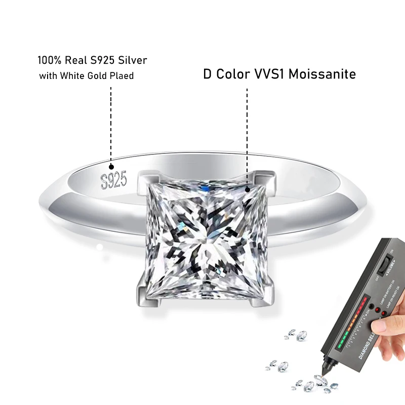 1ct 2ct Princess Cut Moissanite Lab Diamond Ring For Women 925 Sterling Silver Pass Diamond Test Bands Party Wedding Rings silver rings silver ring wedding rings moissanite ring