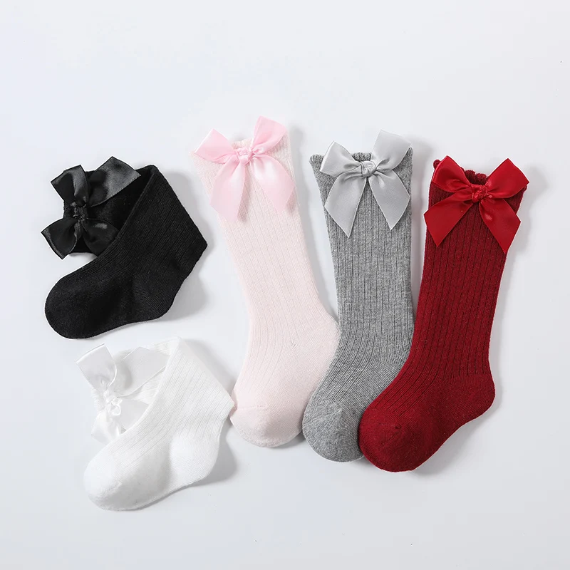 Cotton knee socks Knee length socks Girls' bow knee-high socks Children's large bow stockings Baby soft solid color vertical stripe princess socks for ages 0-5