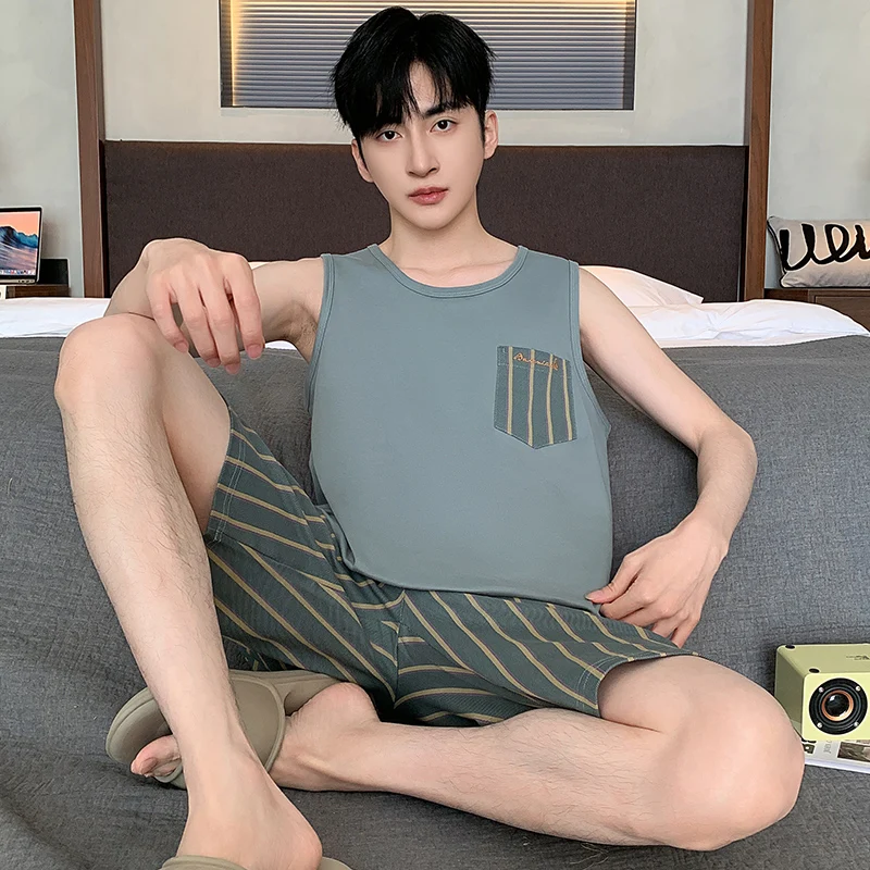 Big Size L-4XL Cotton Nightwear Men Pajamas Set Sleeveless Nightwear Summer O Neck Shorts Homewear pijama hombre