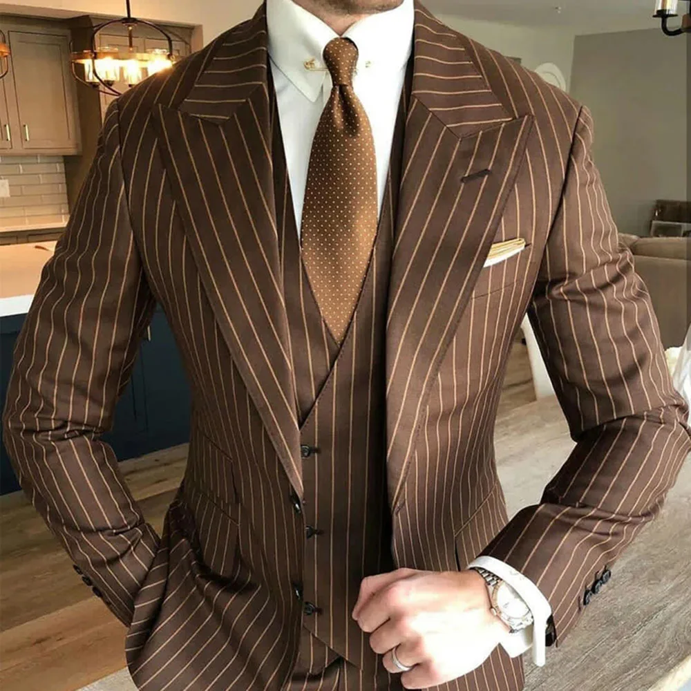 

Brown Stripe Men Suits Set Wide Lapel Dinner Party Wear Wedding Clothing 3pcs Jacket Pants Vest Outfit Tailored Costume Homme