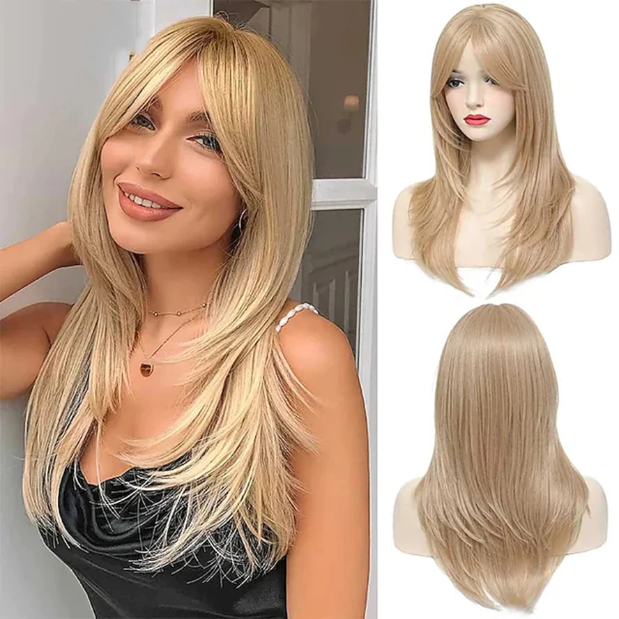 

light blonde long straight Layered Synthetic Hair Wigs for Women 20 Inches with Bangs