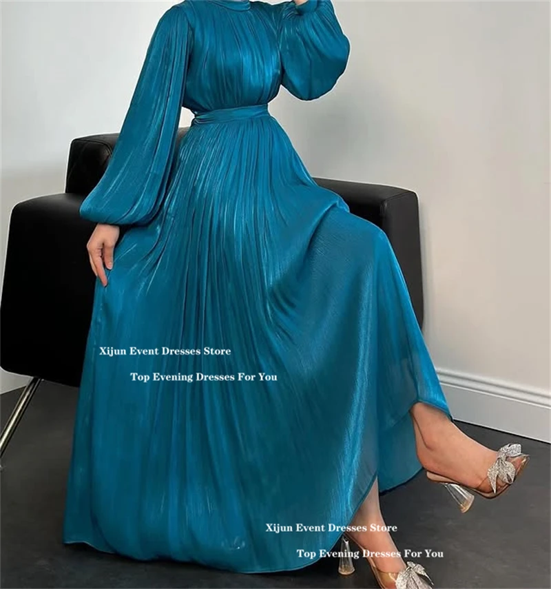 Xijun Modest Silk Satin Muslim Evening Dresses Full Sleeves O Neck Long Prom Dresses Saudi Arabric Formal Prom Gowns Customized