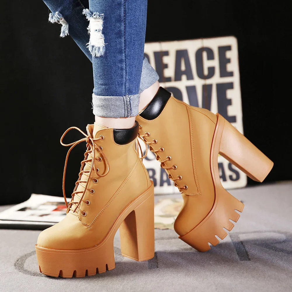 Women Chunky Heeled Short Boots Round Toe Lace Up High Heels Solid Color Waterproof Platform Motorcycle Boots women high heeled boots