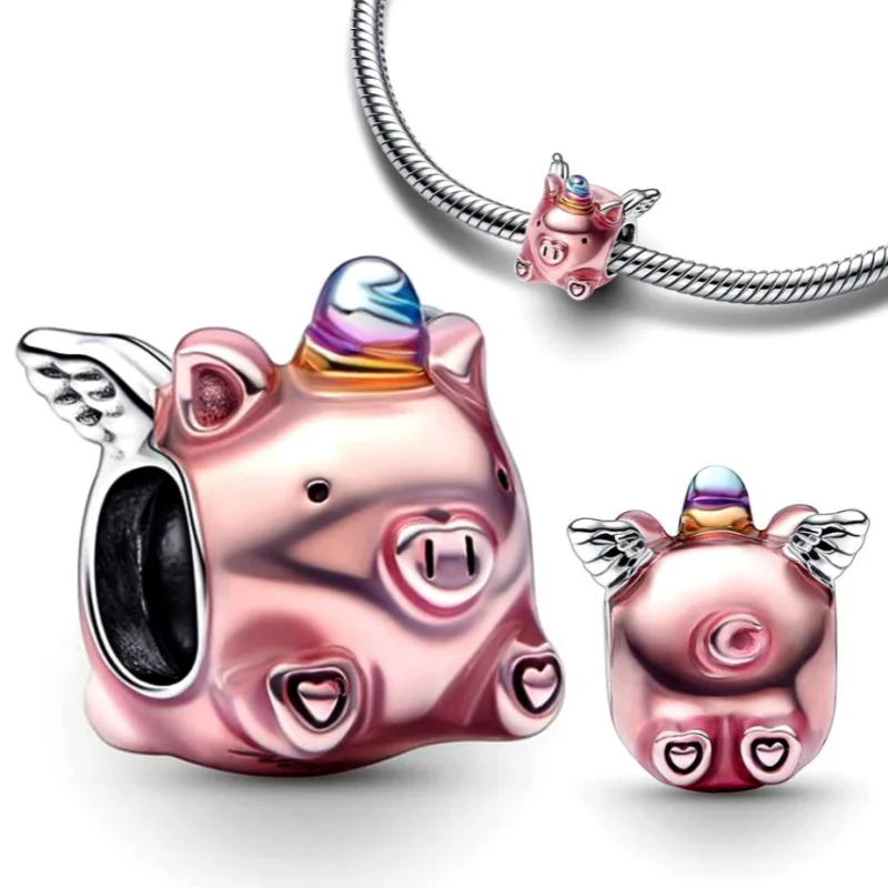 

New 925 Sterling Silver Wing Flying Magic Colorful Unicorn Pig DIY Beads Fit Various Charms Bracelet Women Fine Jewelry