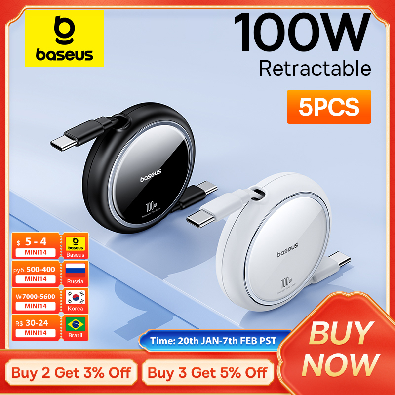 Baseus 2/5PCS Retractable 100W USB C Cable For iPhone 16 15 ProMax Fast Charger Cable For MacBook iPad Type C For Xiaomi Samsung