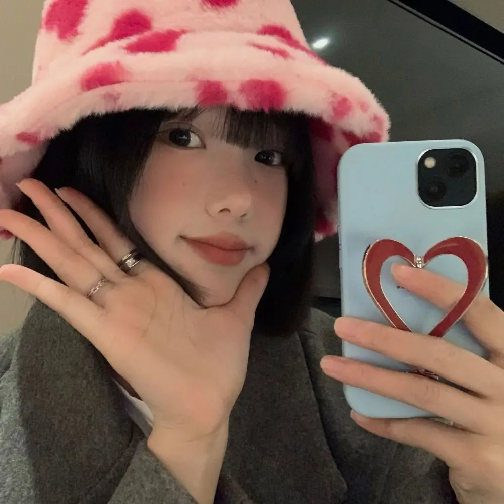 

Plush Bucket Hat Cute Love Heart Soft Warm Fisherman Hat Thicken Winter Hat Women
