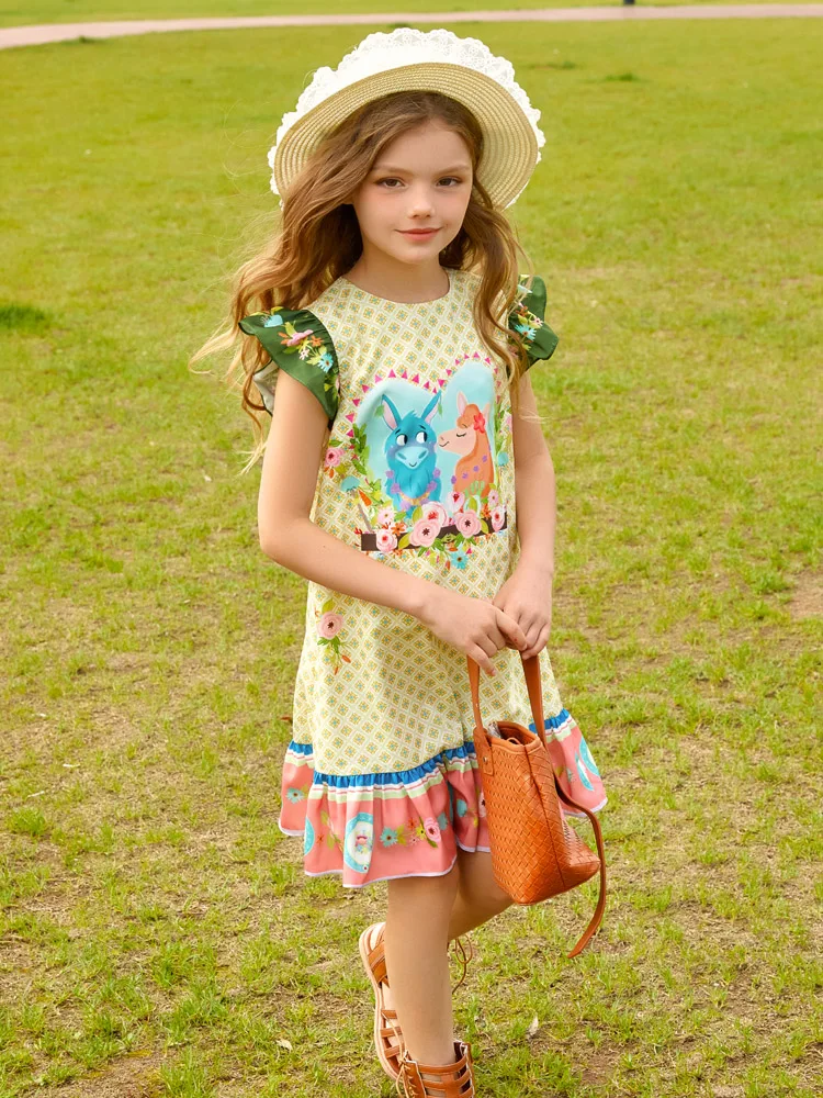 

Летнее платье для девочки с мультяшным принтом, платье принцессы с рукавом-крылышком и оборками на подоле