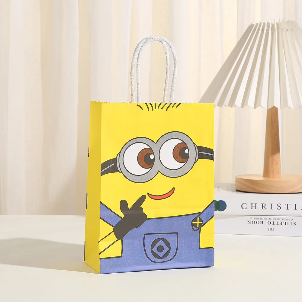 12/24pcs Despicable Me 4 Minions Birthday Theme Portable Paper Bag Cute Color Square Bottom Gift Packaging Bag Gift Storage paper gift bags