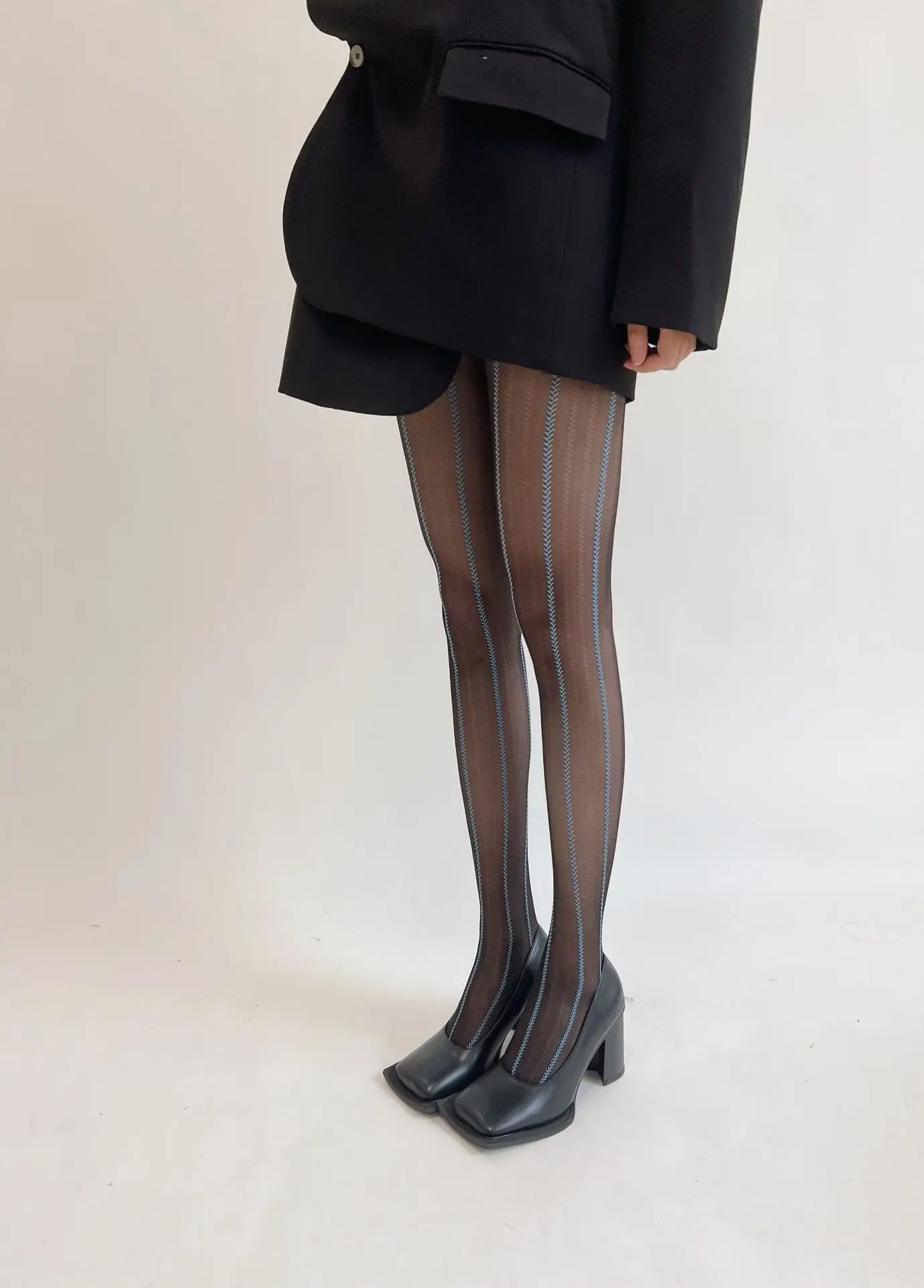 Description Picture 5 of itemRetro Stockings Sexy Blue Silk Pantyhose Japanese Lolita Vertical Striped Wheat Grain Ultra-thin Cosplay Designer Tights Women