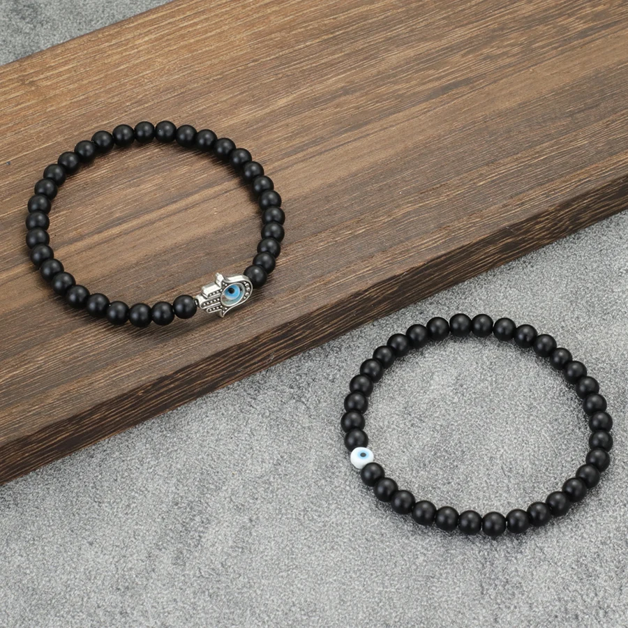 Men Beaded Bracelet Set with Evil Eyes and Fatima Hand