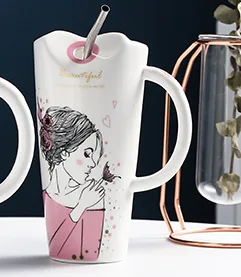 Cute Girl Ceramic Cup 450ml Porcelain Coffee Mug with Straw Women