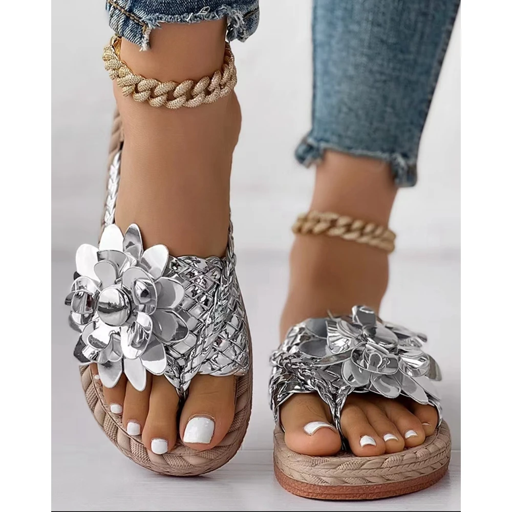 Going Out Summer Holographic Braided Floral Pattern Toe Post Beach Flip Flops Fashion Women Round Toe Outdoor Slippers Shoes