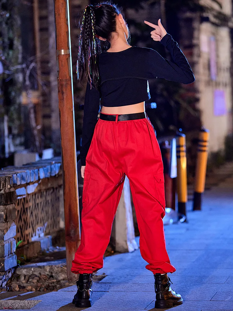 New Children Jazz Dance Performance Costumes For Girls Black Crop Top Red  Cargo Pants Kpop Outfits Hip Hop Dance Clothes DN15199 - AliExpress